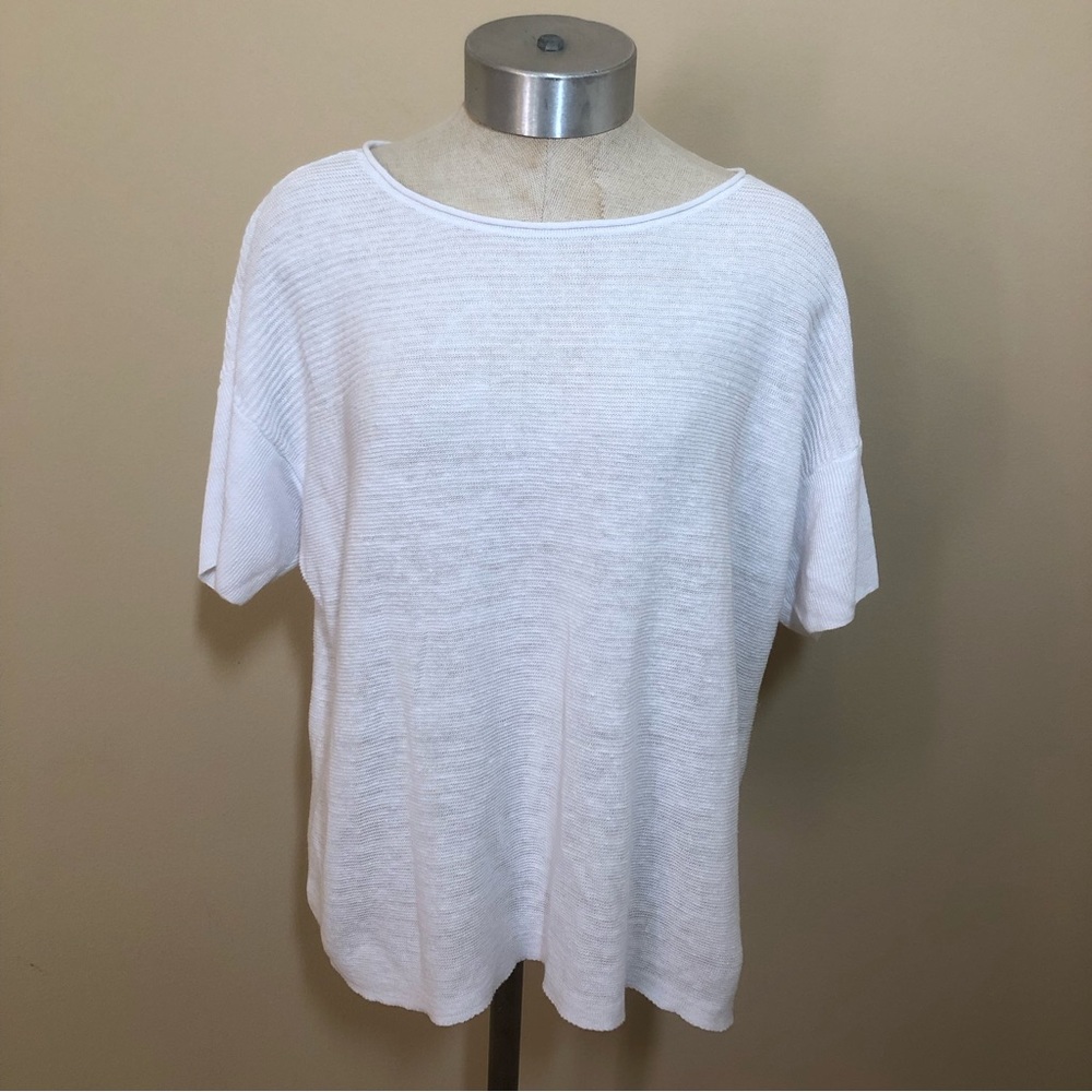 Eileen fisher organic linen bateau neck box boxy knit top short sleeve